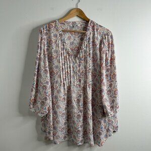 Rose + Olive Blouse Womens 2X Floral Boho Peasant Top Multicolor Button Flowy